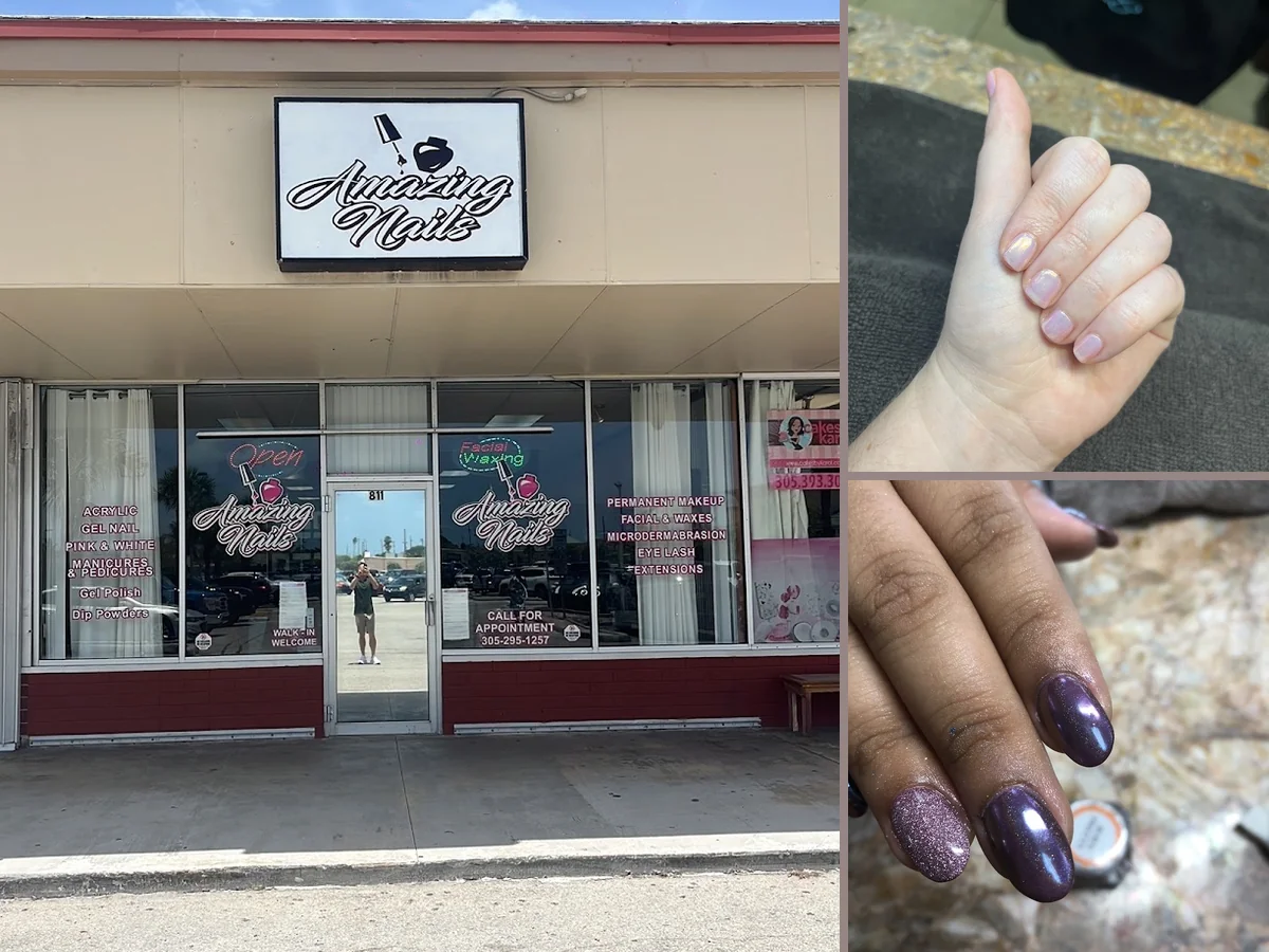 Nail technician shaping nails at a salon table.